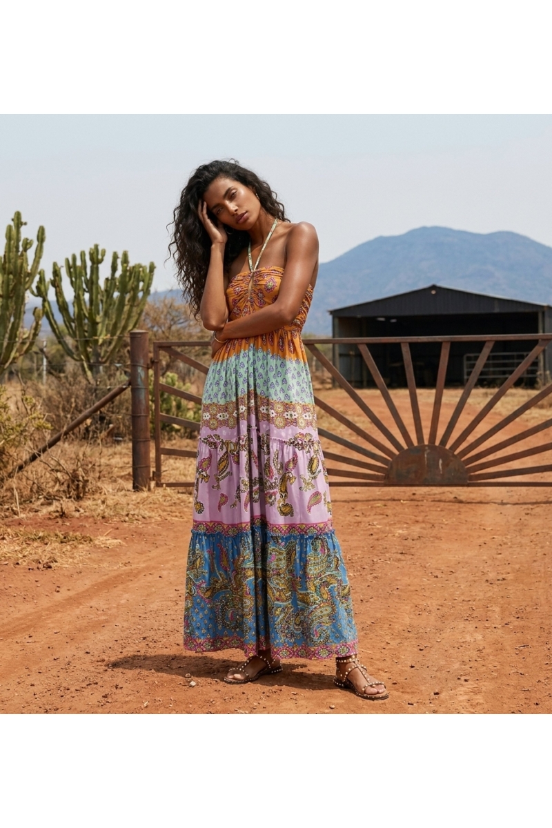Flowy long modal dress with a vibrant multicolor print, perfect for summer. Full-length view.