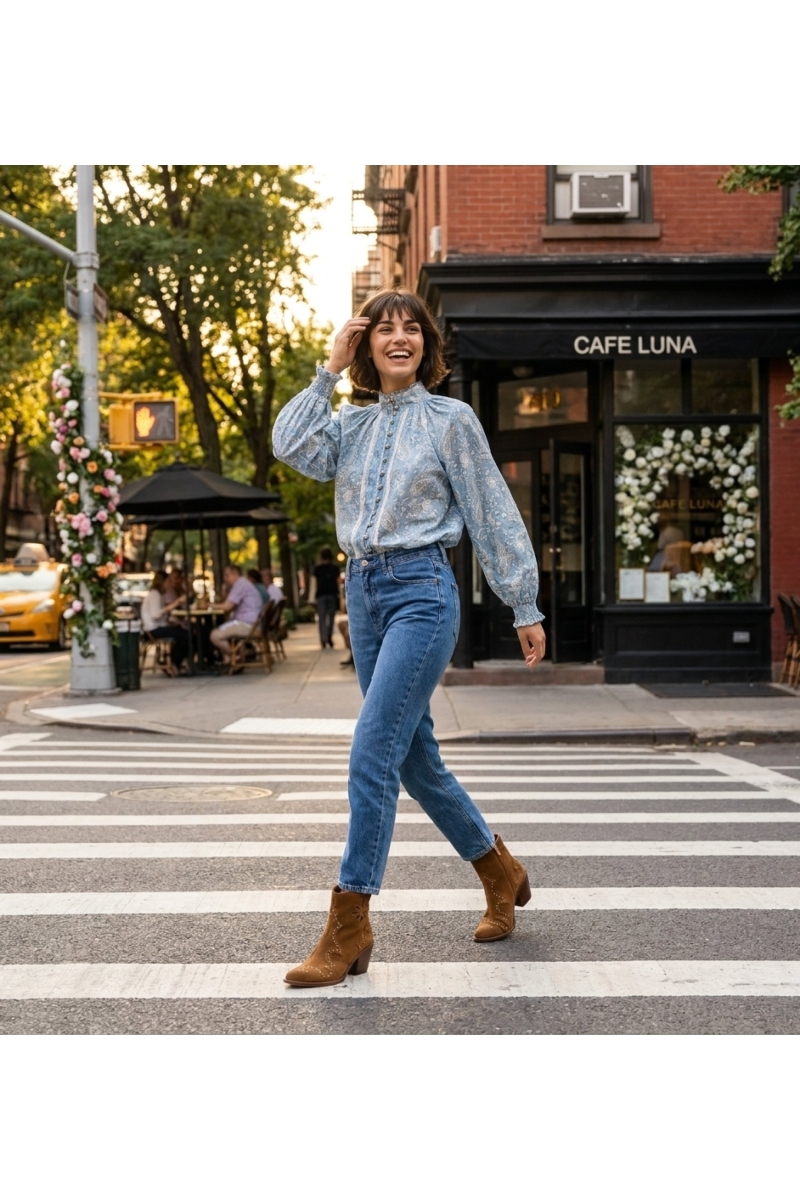 Blusa elegante de mujer, corte clásico, tejido ligero, ideal para un estilo urbano sofisticado o paseo por la ciudad.