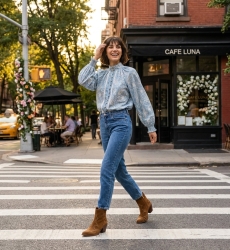 Blusa elegante de mujer, corte clásico, tejido ligero, ideal para un estilo urbano sofisticado o paseo por la ciudad.