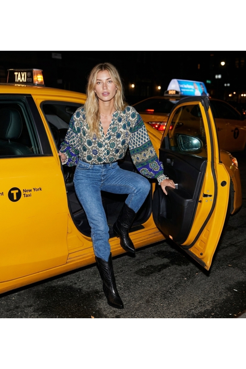 Blouse femme élégante, style chic pour soirée, capturée sortant d'un taxi avec un effet flash dynamique en ville.