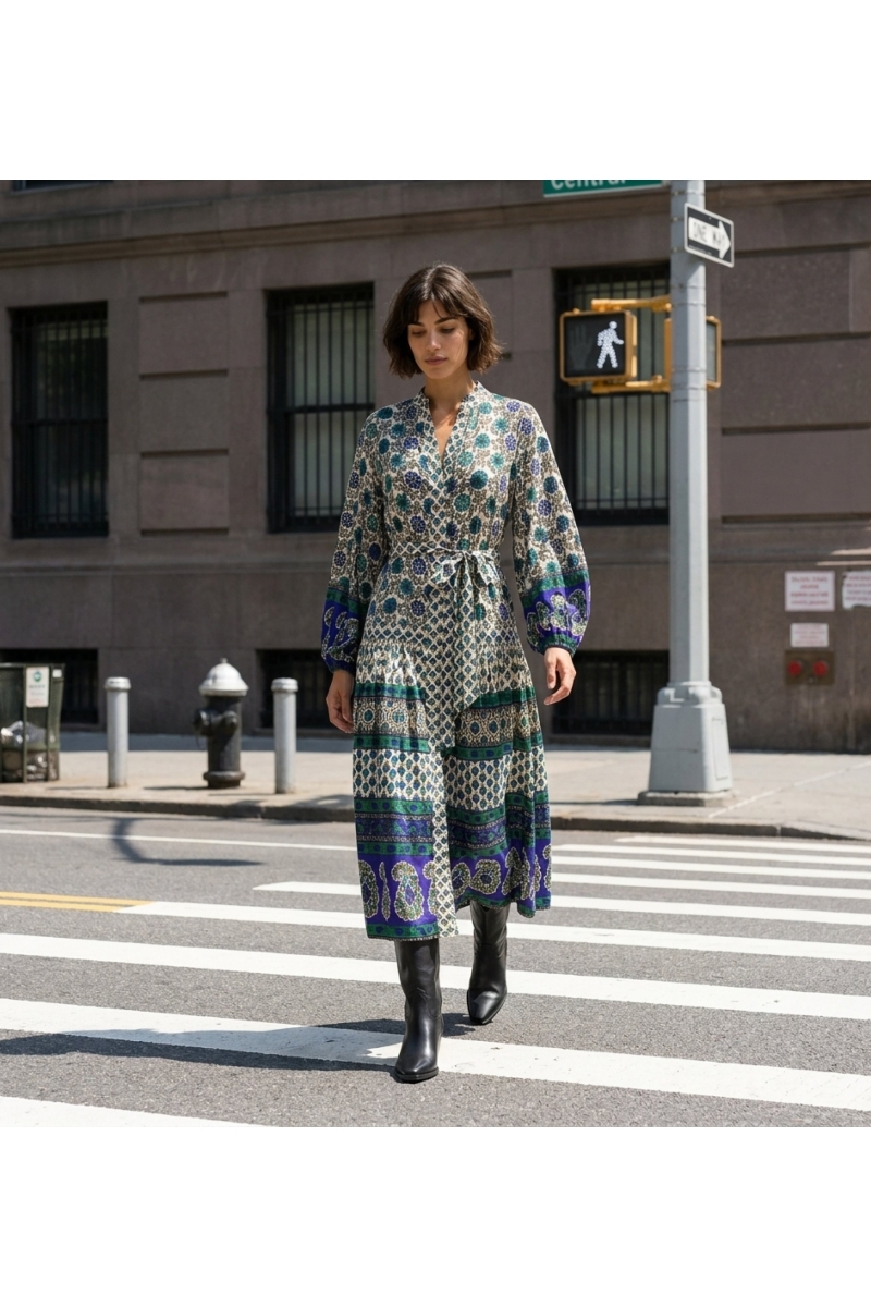Vestido largo elegante de tela fluida, presentado en un sofisticado entorno urbano, perfecto para la ciudad.