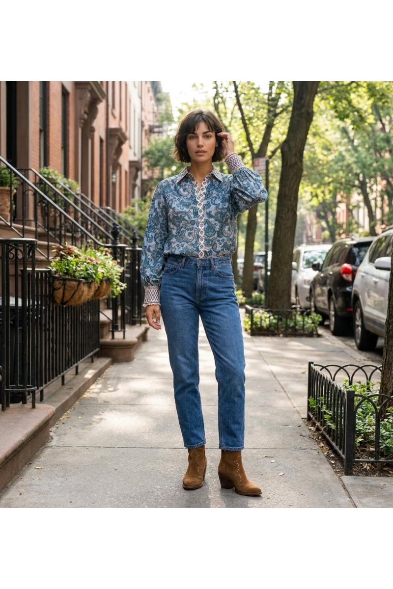 Blusa de mujer elegante, diseño moderno, perfecta para paseos urbanos, fotografiada en una acera de ciudad vibrante.