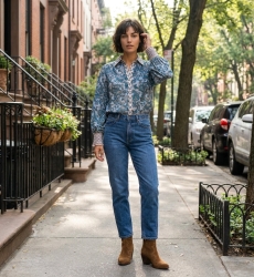 Blusa de mujer elegante, diseño moderno, perfecta para paseos urbanos, fotografiada en una acera de ciudad vibrante.
