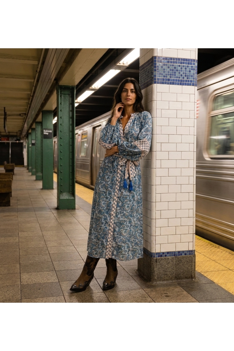 Elegant long kimono-style robe dress, worn by a woman on a city subway platform with a blurred train. Modern urban fashion.