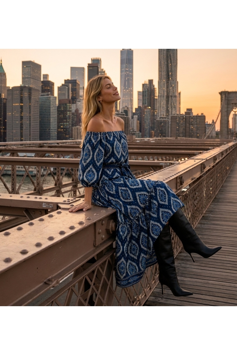 Robe longue bleu marine épaules dénudées motif ikat blanc, volants, manches bouffantes, ceinture, portée au coucher du soleil.