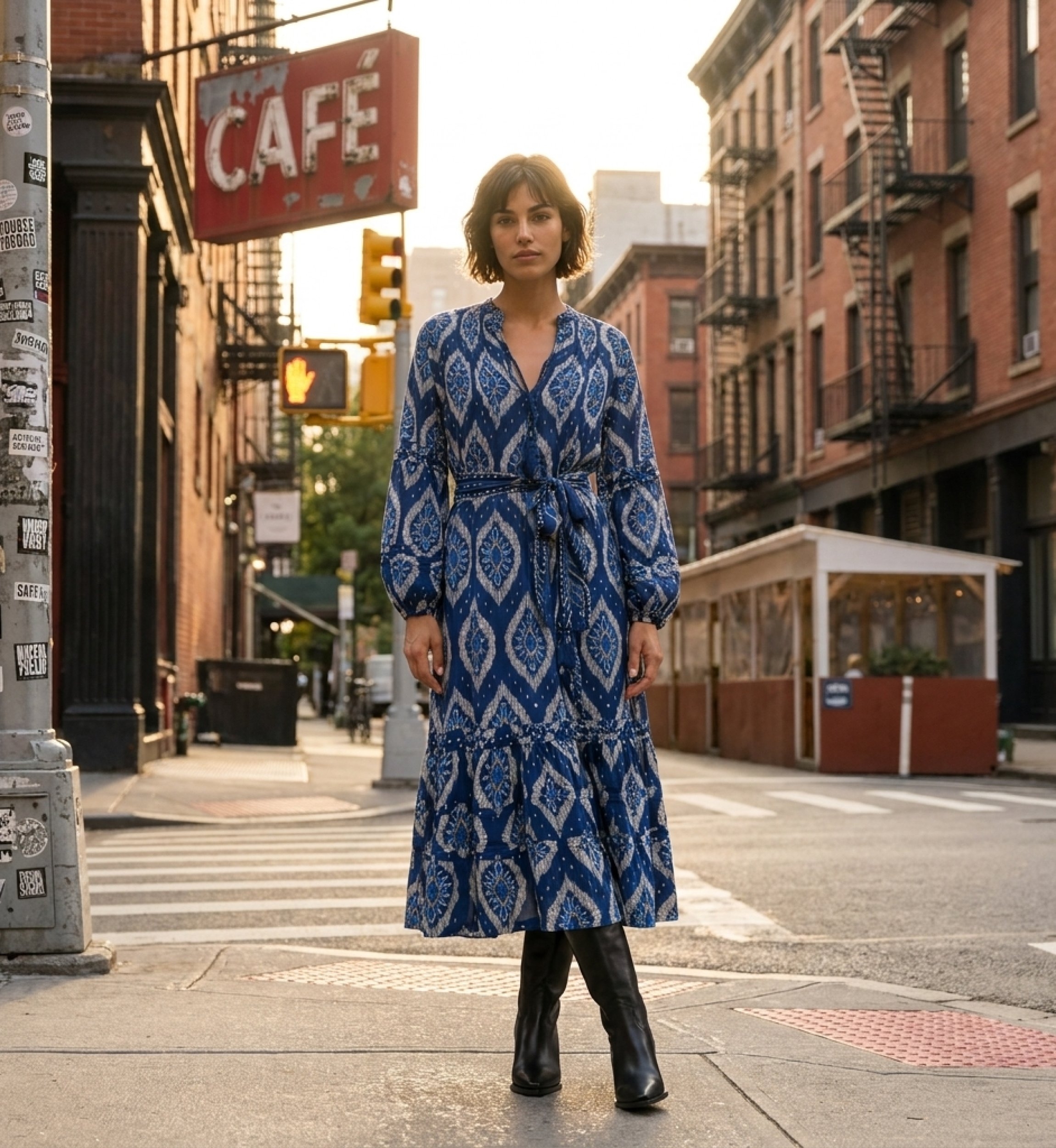 Robe midi ikat bleue et blanche à manches longues bouffantes, jupe étagée, ceinture à nouer, style urbain.