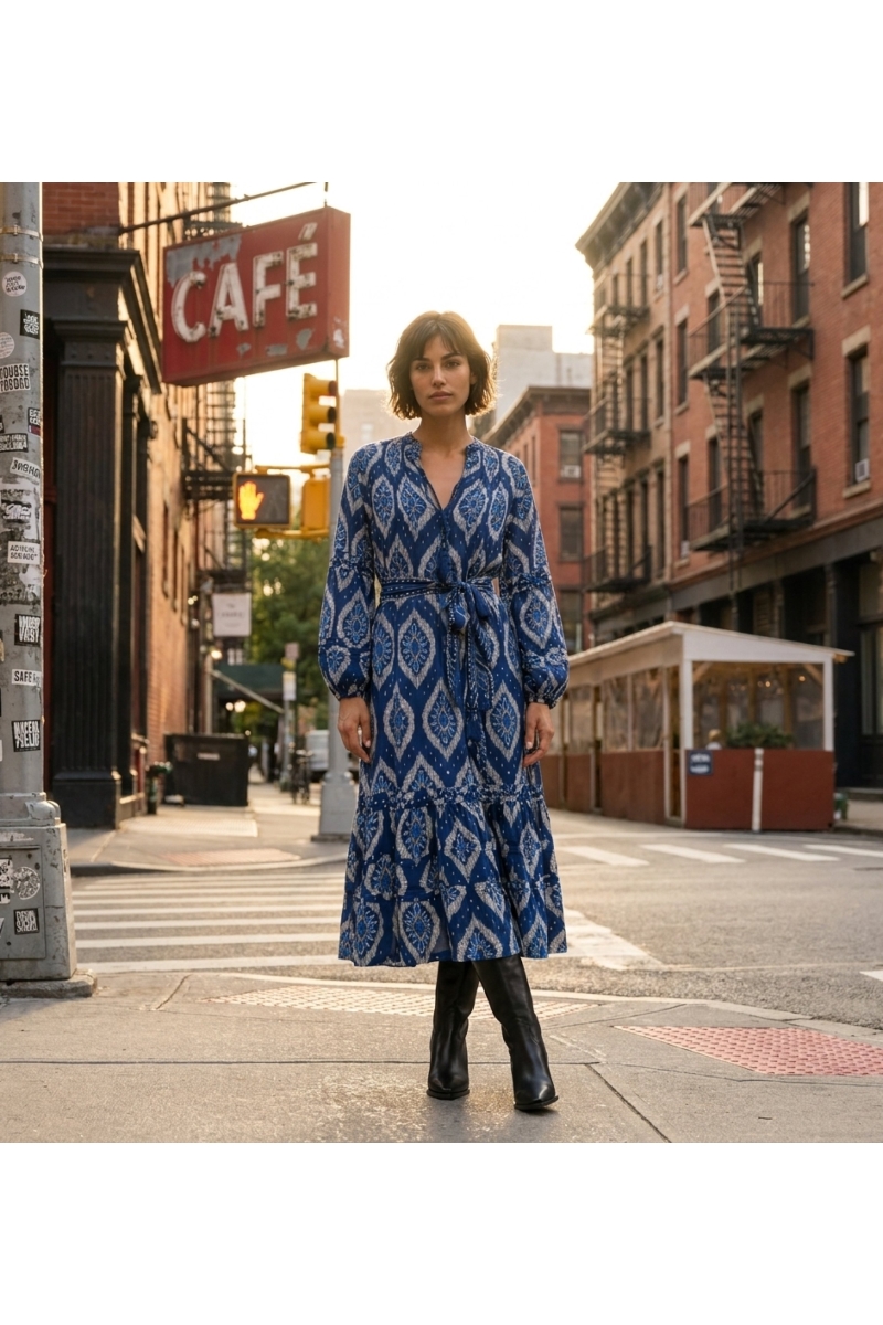 Robe midi ikat bleue et blanche à manches longues bouffantes, jupe étagée, ceinture à nouer, style urbain.
