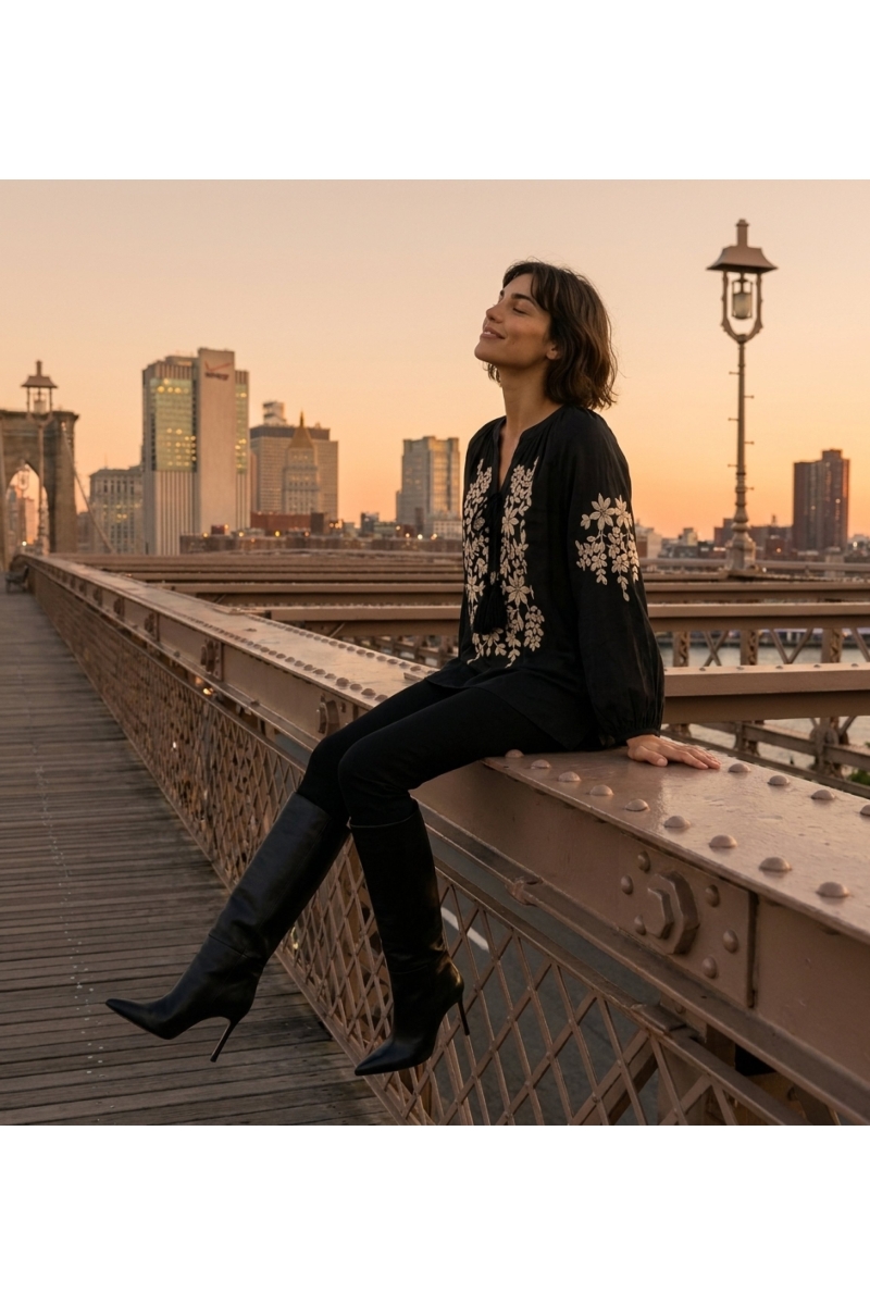 Blouse paysanne noire manches longues, col V à nouer, broderie florale crème, aspect lin, modèle assise au coucher du soleil.