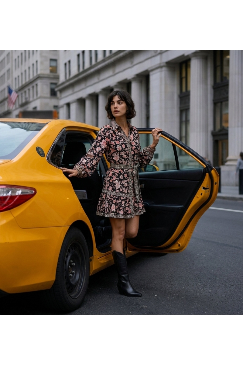 Black long-sleeve floral mini dress with collar, tied belt, tiered ruffled skirt, captured in a dynamic city scene.