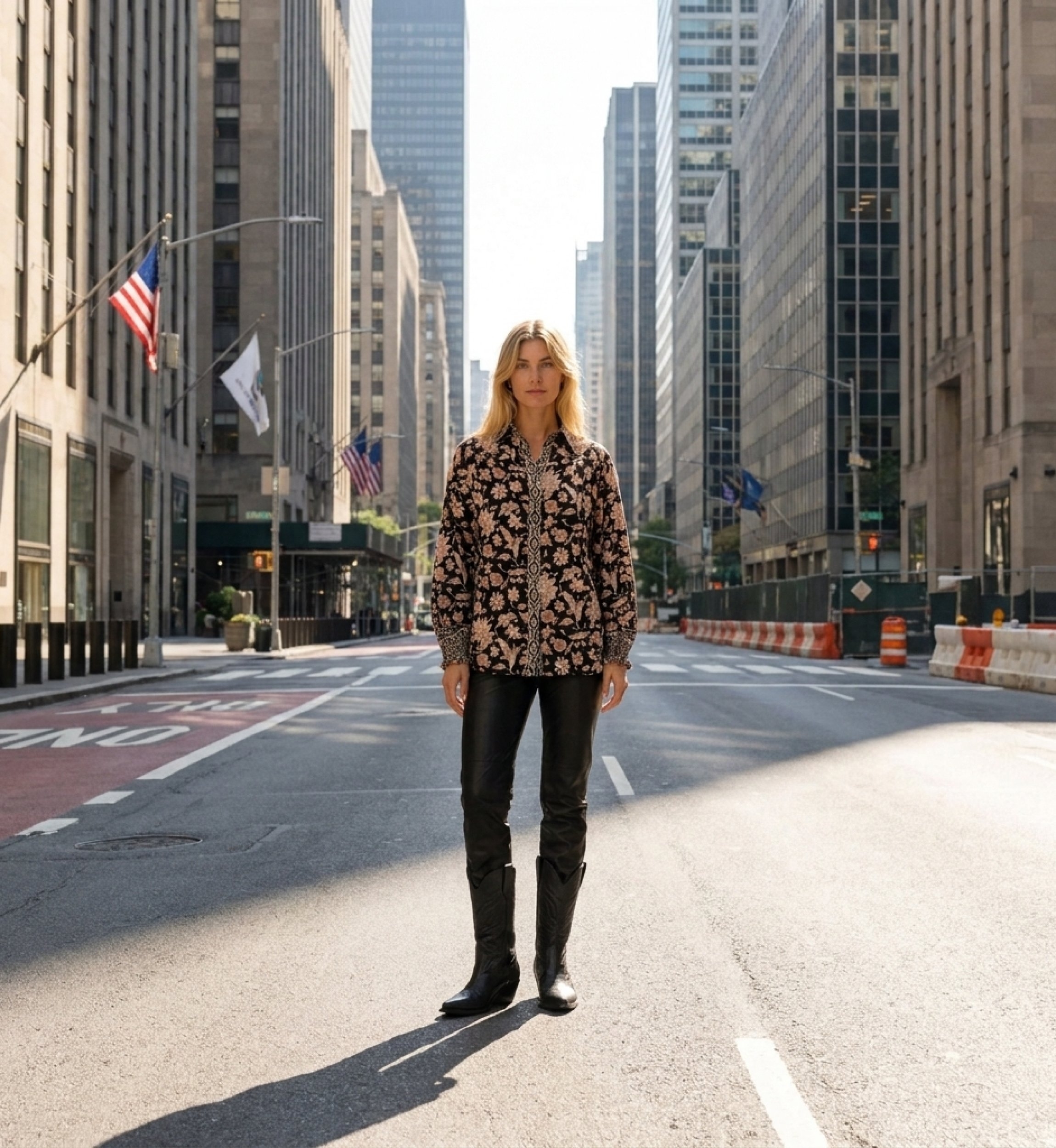 Black long-sleeve blouse with cream and rust floral print, collared neckline, and ruffled cuffs in lightweight fabric. Model wea