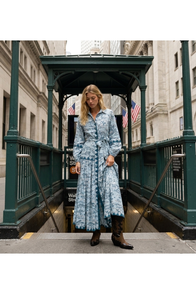 Robe longue chemise manches longues bleu clair et sarcelle foncé, imprimé safari, col, boutons, ceinture à nouer.
