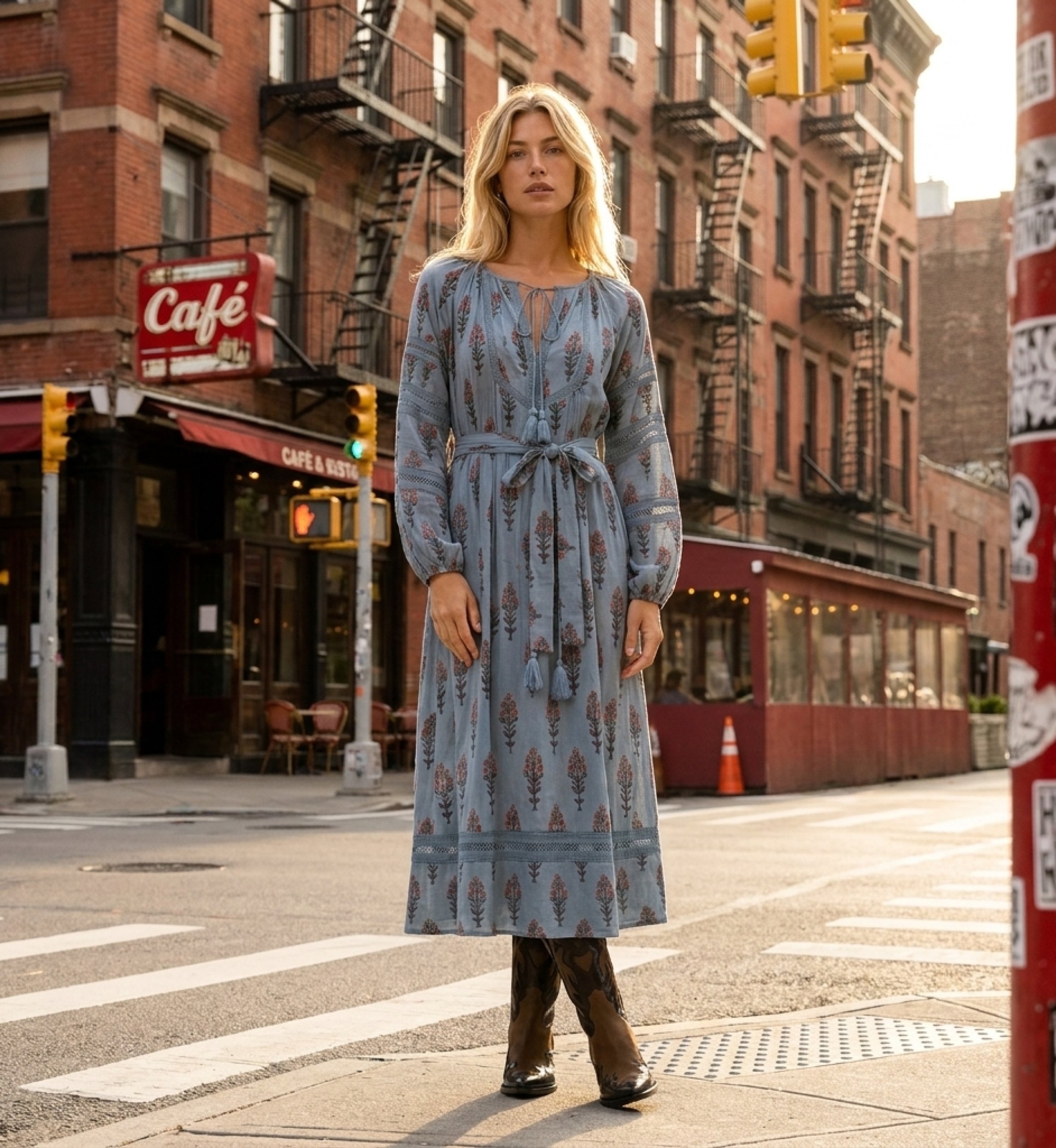 Robe midi bleu clair à motifs floraux rouges et marron, col V, manches longues ballon, taille nouée à pompons, vue urbaine.