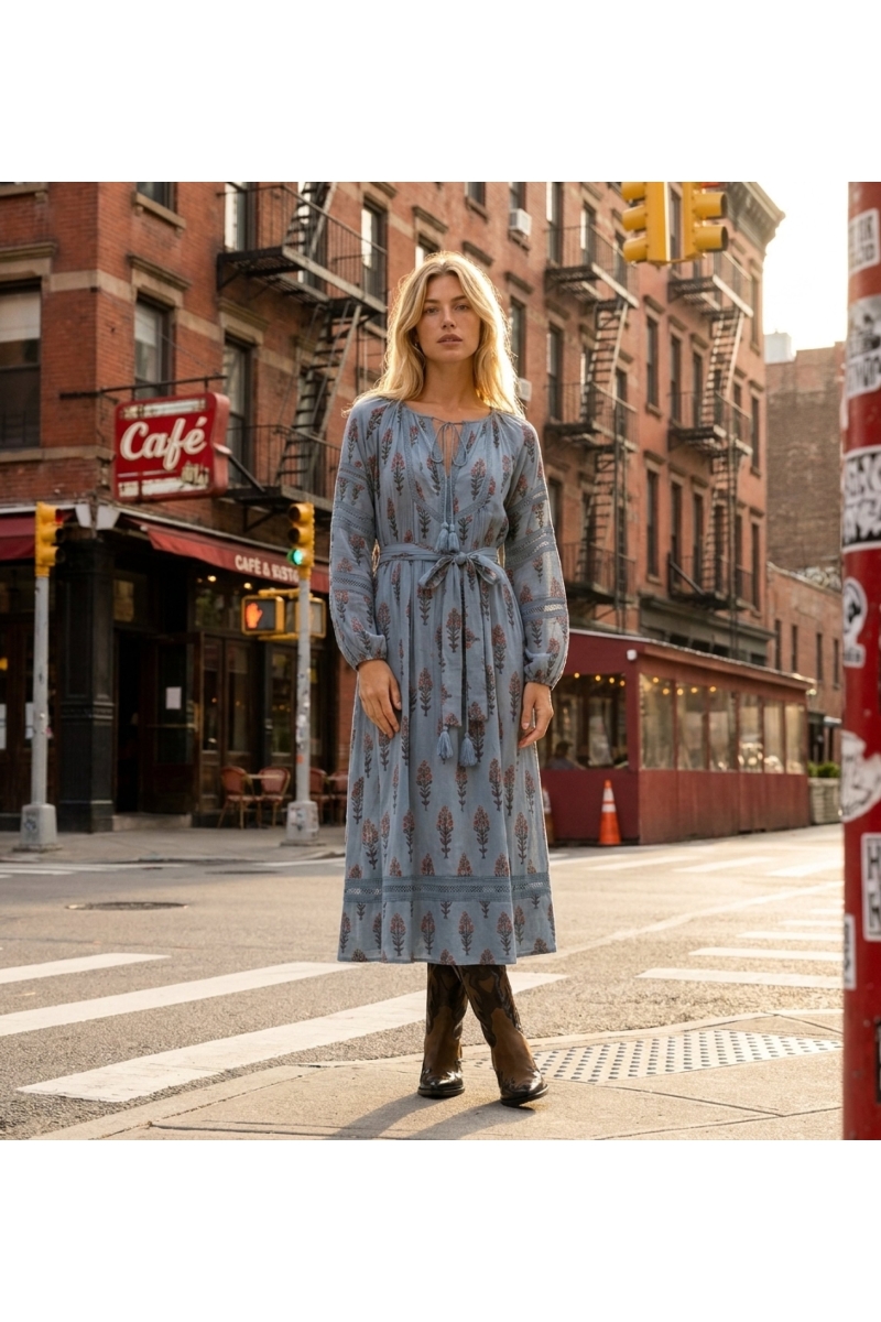 Robe midi bleu clair à motifs floraux rouges et marron, col V, manches longues ballon, taille nouée à pompons, vue urbaine.