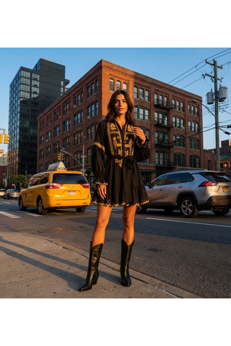 Black long-sleeve mini dress with gold embroidery, collared neckline, button-front, and tiered ruffled skirt with scalloped hem.