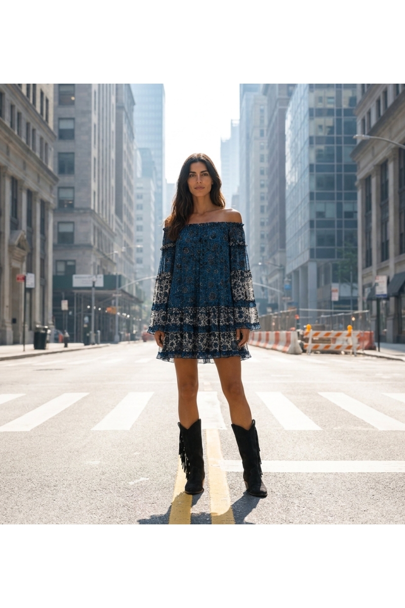 Blue and white off-shoulder mini dress with long sleeves, tiered ruffles, and black floral pattern on sheer fabric. Model in pow