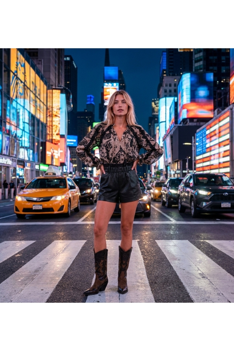 Black leather paperbag waist shorts with a high-rise, wide-leg cut, styled in an urban night setting.