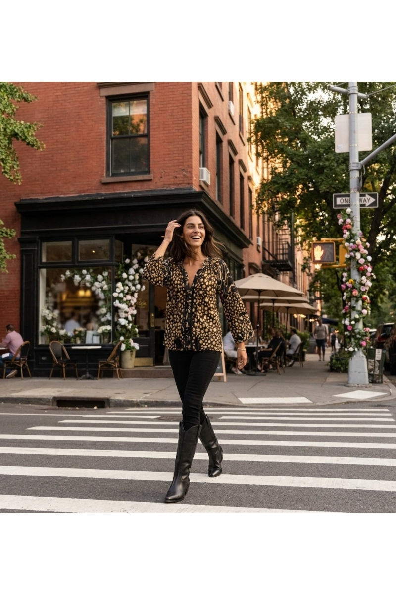 Blusa negra suelta con estampado de leopardo dorado y blanco, cuello con volantes, pompones y borlas, estilo urbano.