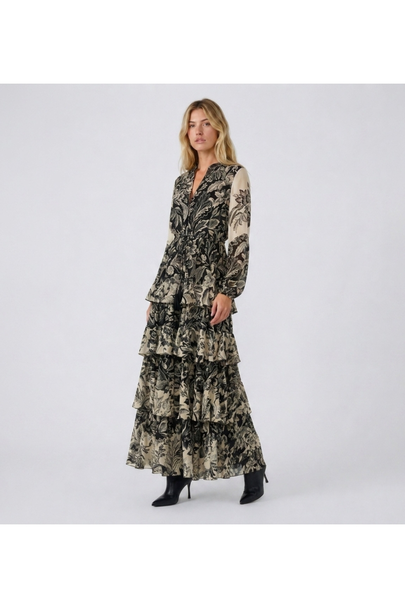 Vestido maxi largo floral negro y beige con cuello en V, manga larga, cintura elástica y falda escalonada con volantes, tejido l