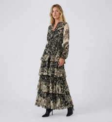 Vestido maxi largo floral negro y beige con cuello en V, manga larga, cintura elástica y falda escalonada con volantes, tejido l