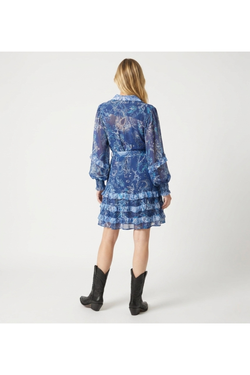 Vue dos: Robe courte fleurie bleu et blanc transparente, manches longues volantées, col, jupe à volants étagés.