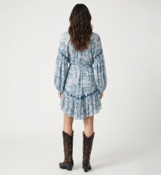 Back view: Women's light blue & teal safari print shirtdress with balloon sleeves, tie waist, ruffled hem.