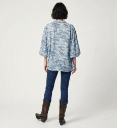 Light blue long-sleeve button-up shirt, back view. Features dark blue/white safari animal print, puffed shirred cuffs.