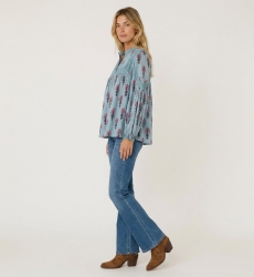 Blouse paysanne bleu clair à manches longues, imprimé floral rose et marron, dentelle, coupe décontractée en tissu coton, vue tr