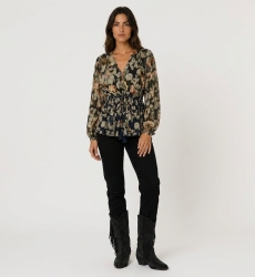 Blouse bleu marine transparente à manches longues, motif floral coloré et feuilles dorées, col V, taille coulissante, vue de fac