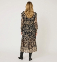 Vue de dos robe midi manches longues imprimé cachemire noir et beige, col volanté, taille smockée, tissu transparent.