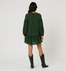 Dark green collared mini dress with black floral embroidery, tie-waist, voluminous long sleeves, lightweight fabric, back view.