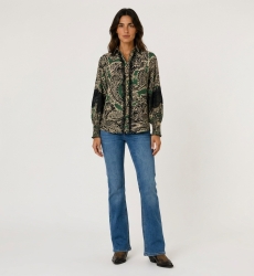 Camisa de mujer manga larga con cuello, estampado cachemir verde, negro, beige, encaje negro, botones dorados y puños smock. Vis