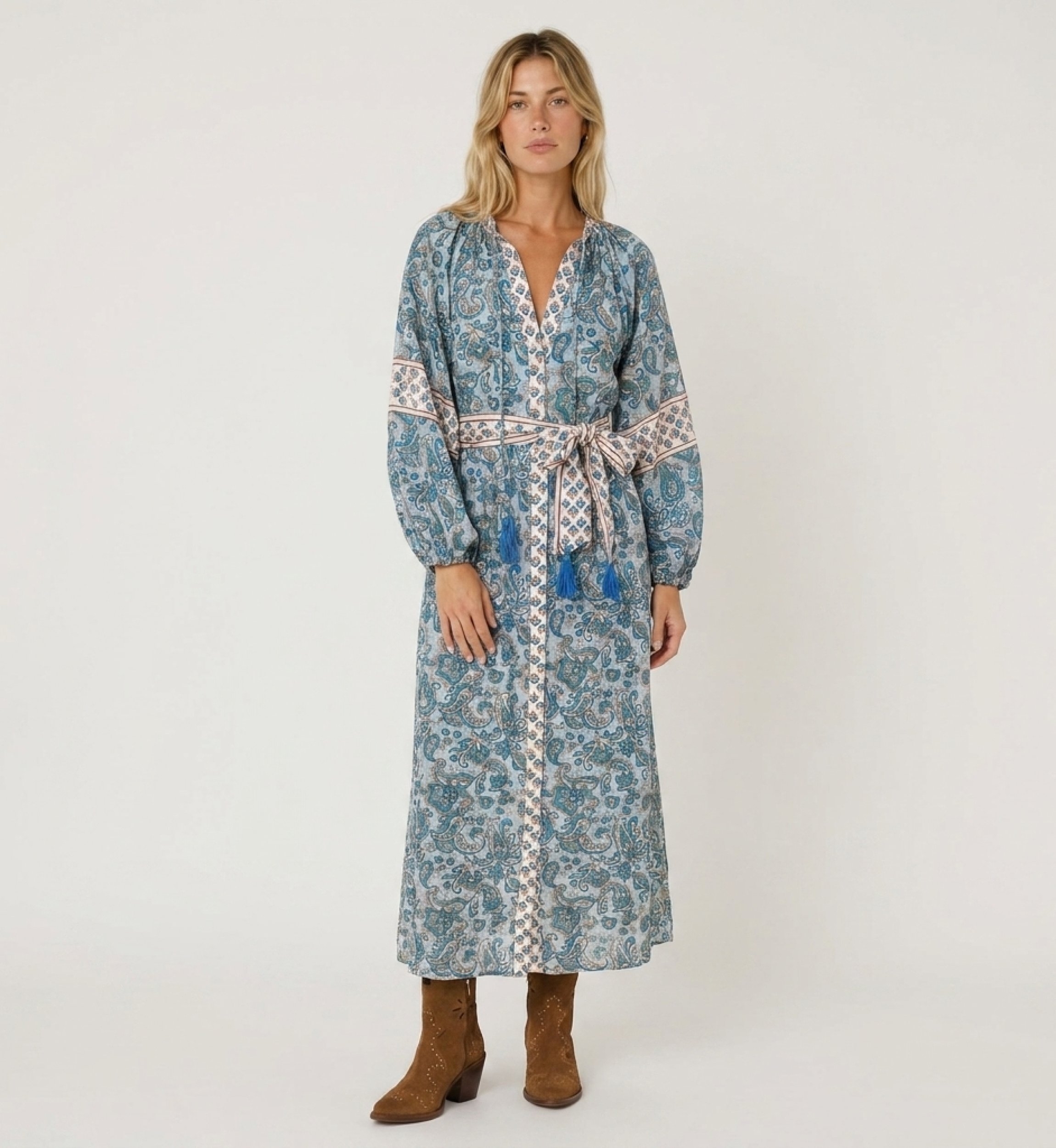 Front view of a long kimono-style robe or dress, elegant and flowing, perfect for loungewear or beachwear.