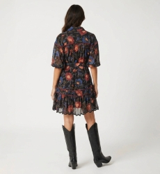 Black collared mini dress with red blue floral pattern, three-quarter balloon sleeves, tie-waist, tiered scalloped hem, back vie