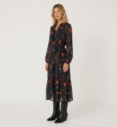Black long-sleeve midi dress with red and blue floral print, tiered skirt, and tie-waist, in sheer lightweight fabric.