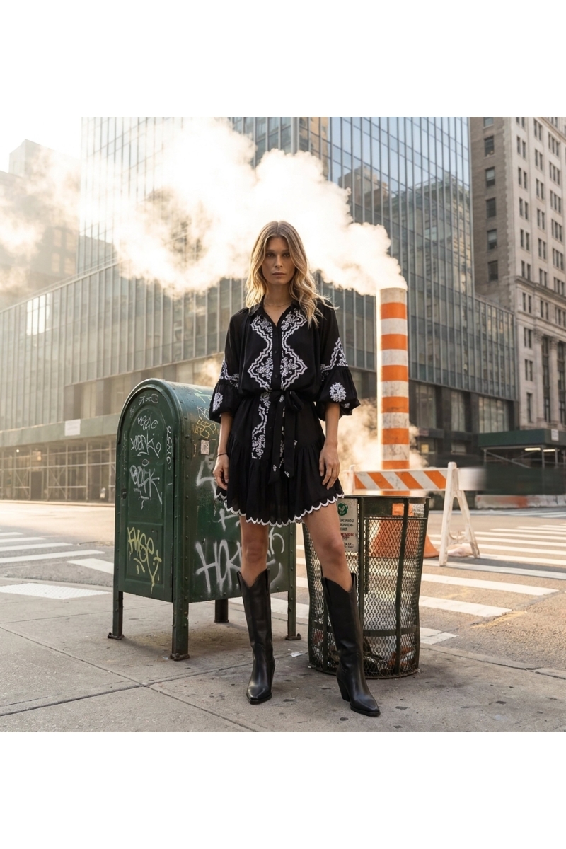 Chic short dress for women, elegant and modern, photographed in an urban city setting with industrial elements.