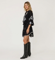 Elegant short dress for women, shown in a three-quarter side view. Perfect for summer or evening wear, featuring a flattering cu