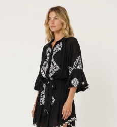 Stylish short dress for women, presented in a flattering three-quarter side view, ideal for various events.