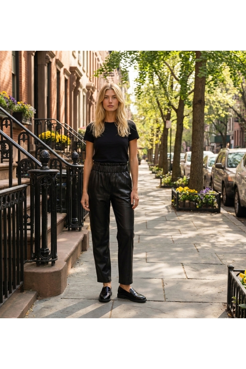 Pantalones de cuero negro elegantes para mujer, foto de moda urbana en acera, estilo moderno y ajustado.