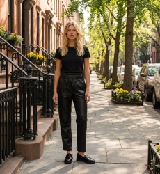 Pantalones de cuero negro elegantes para mujer, foto de moda urbana en acera, estilo moderno y ajustado.