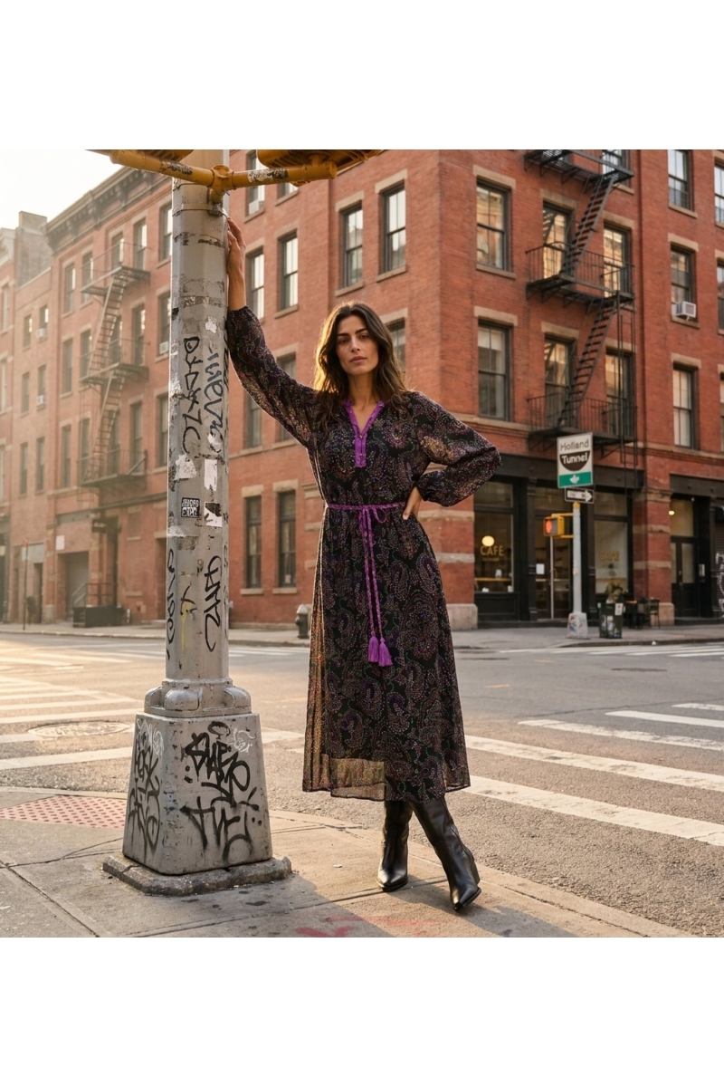 Vestido midi negro, estampado cachemir colorido, mangas abullonadas, escote en V con ribete morado, cinturón, tejido vaporoso.