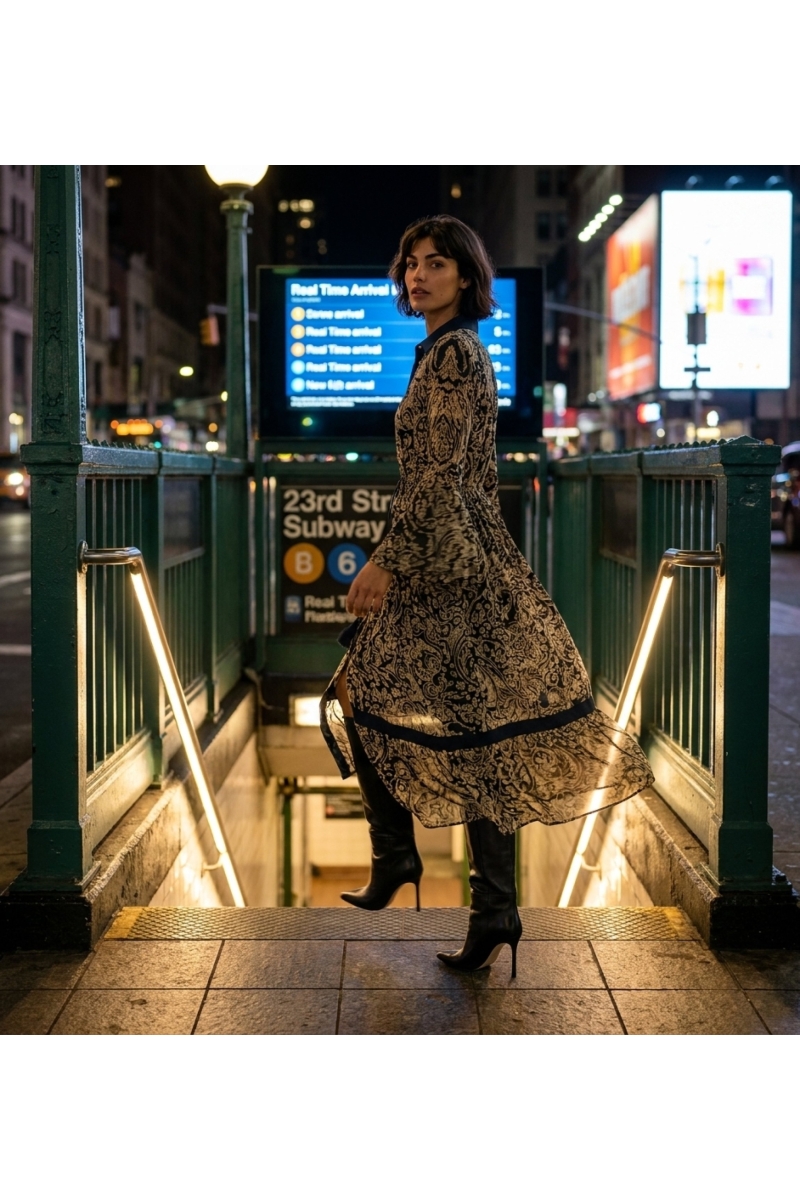 Longue robe maxi noire et beige à motifs, col chemise, boutonnée, manches cloche, taille coulissée, vue urbaine nuit.