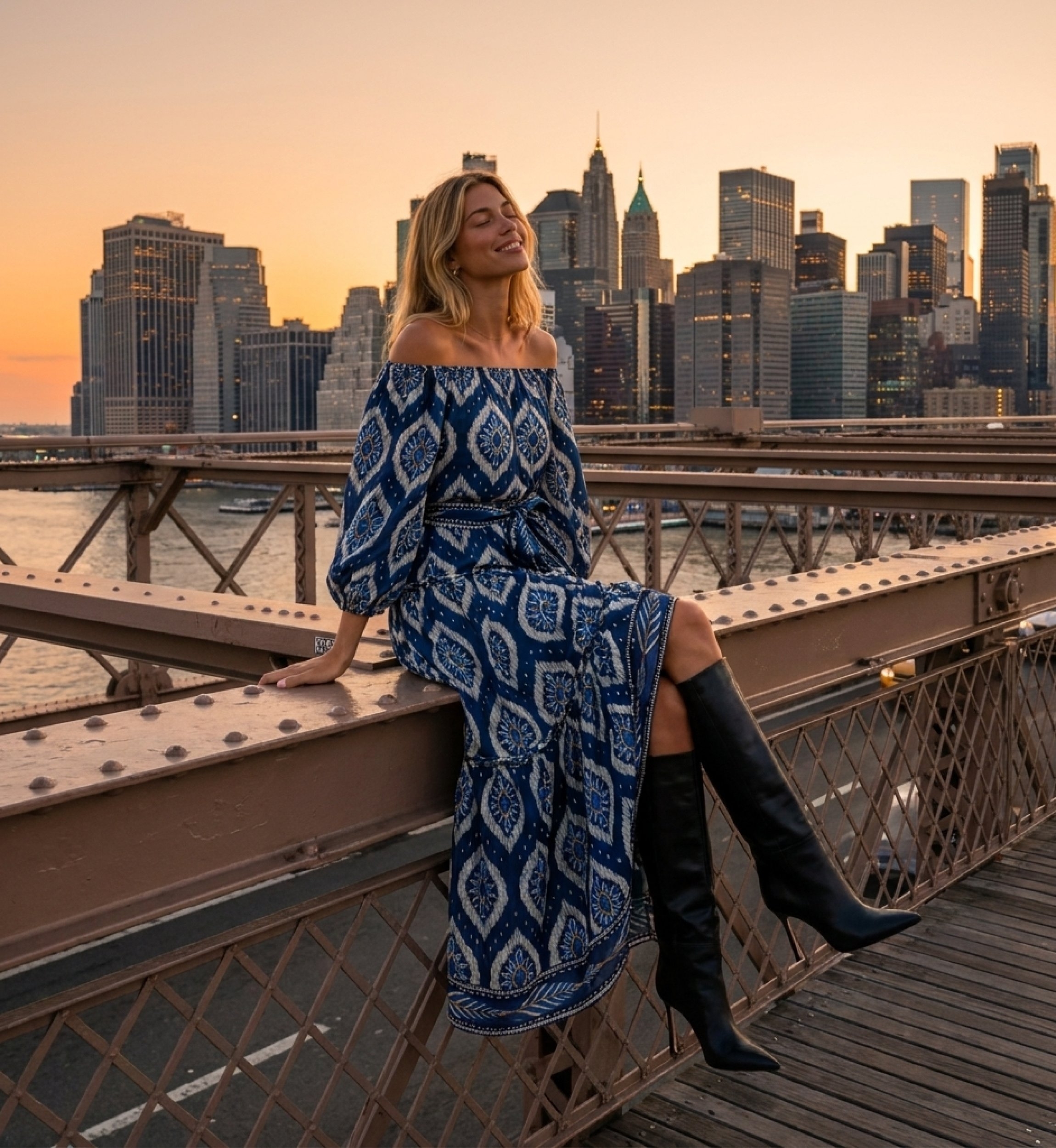 Robe longue bleu marine épaules dénudées motif ikat blanc, volants, manches bouffantes, ceinture, portée au coucher du soleil.
