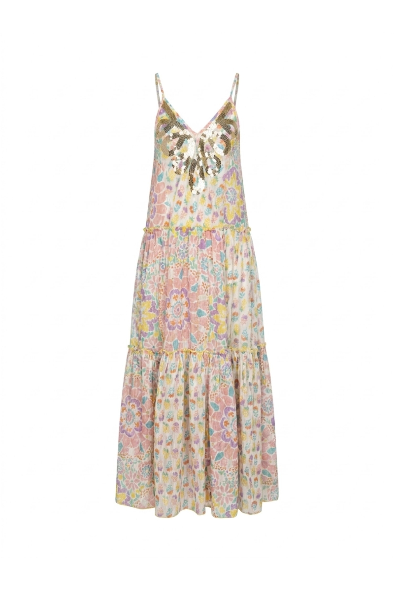 White tiered maxi dress with thin straps, V-neckline, vibrant multicolored floral pattern and sequins.