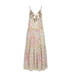 White tiered maxi dress with thin straps, V-neckline, vibrant multicolored floral pattern and sequins.