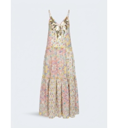 White tiered maxi dress with thin straps, V-neck, gold/silver sequins, and vibrant floral pattern. Full view.