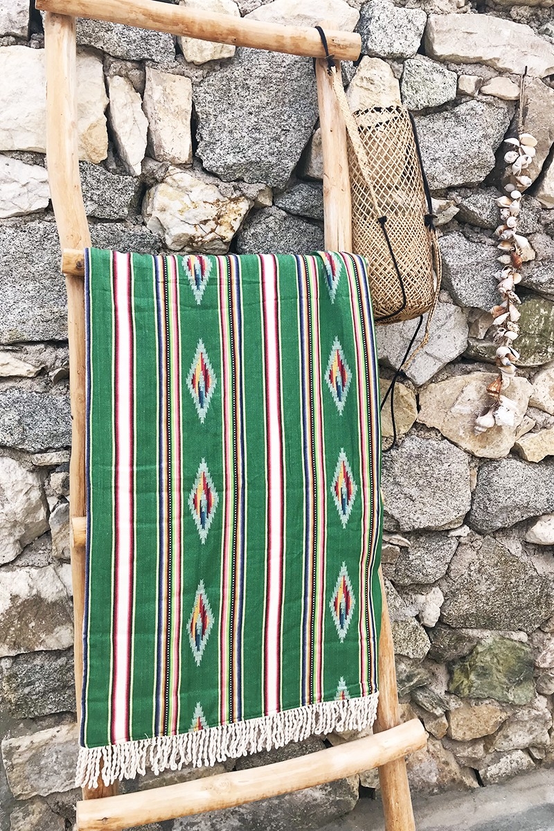 Fouta De Plage Seychelles - vert/jaune/marron - bohème - avec franges - Miss June Paris - 1