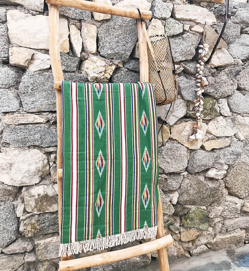 Fouta de Playa Seychelles – verde/amarillo/marrón – estilo bohemio – con flecos – Miss June Paris – 1