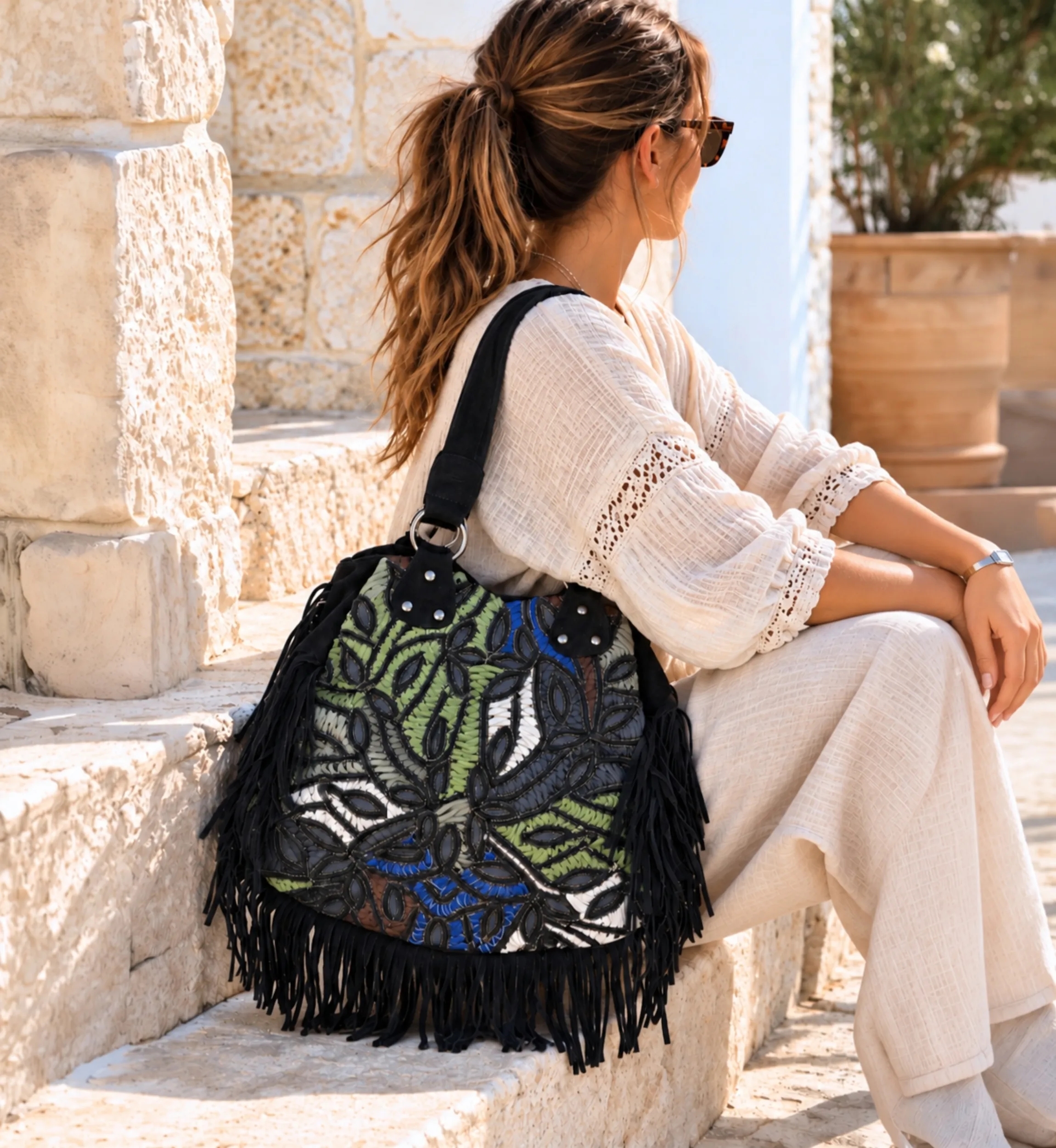 Biza Black Leather Bag with Long Fringe | Miss June Paris