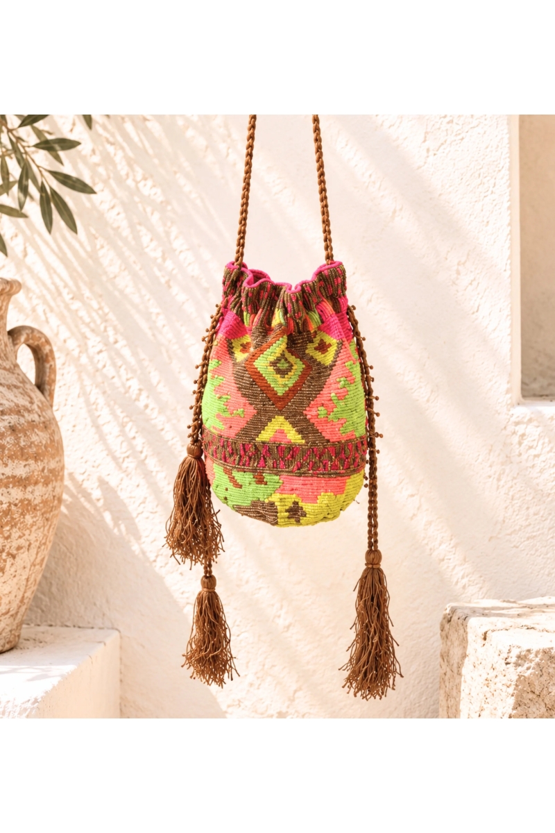 Mumbay Embroidered Bucket Bag, Neon | Miss June Paris