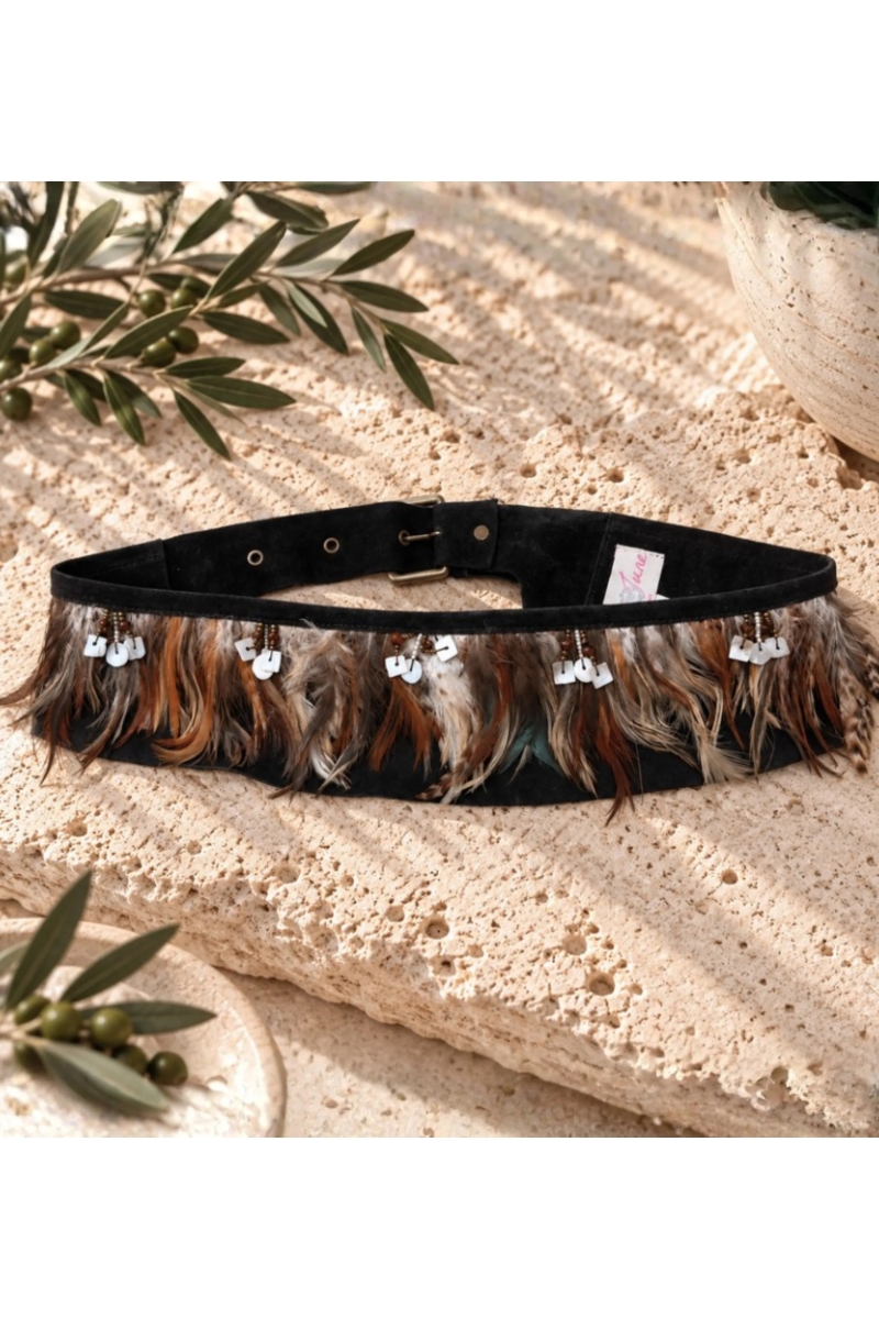 Jaxon Black Leather Belt with Feathers | Miss June Paris